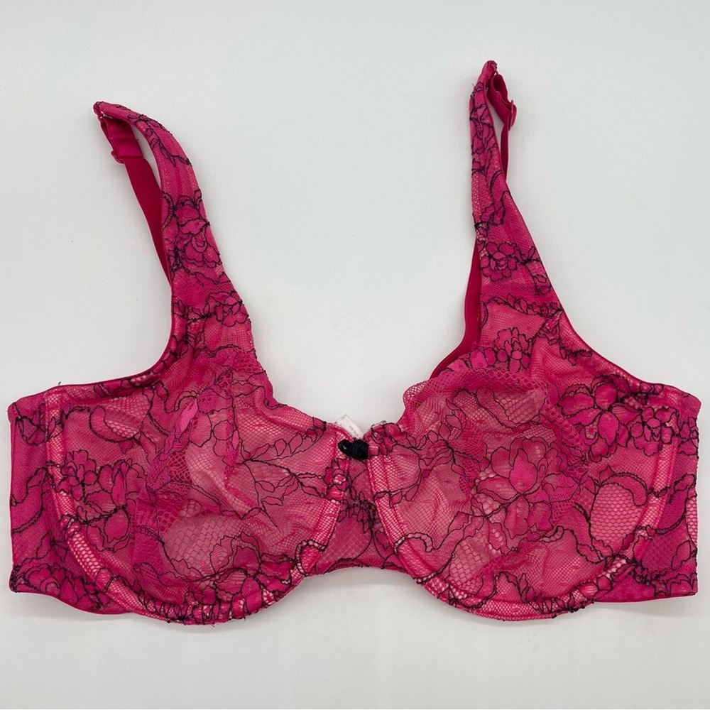 Cacique Pink Black Floral Lace Unlined Underwire Bra 38D